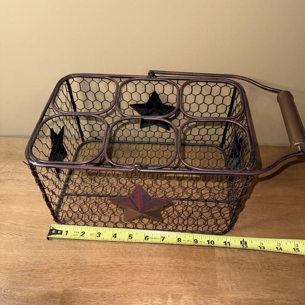 Rustic Farmhouse Chicken Wire 6 Slot Milk Crate Basket with Metal Stars Handle